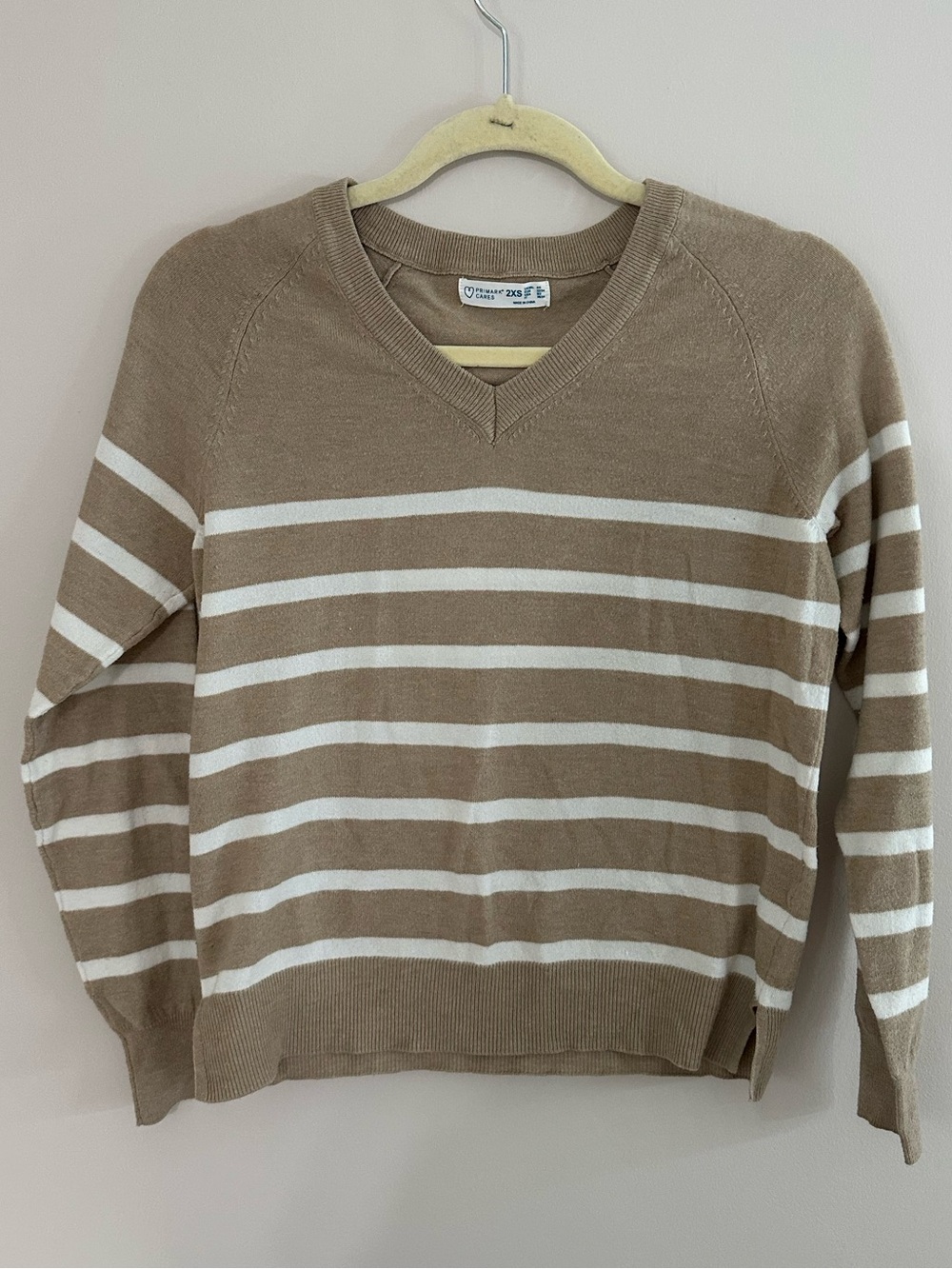 Primark Beige and White Striped V-Neck Sweater